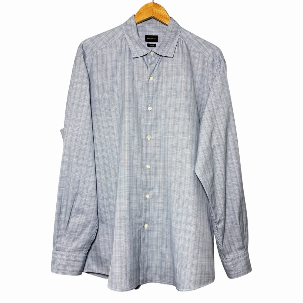 Ermenegildo Zegna Mens Traveller XL Blue Check Luxury 100% Cotton Shirt Designer - Picture 2 of 12